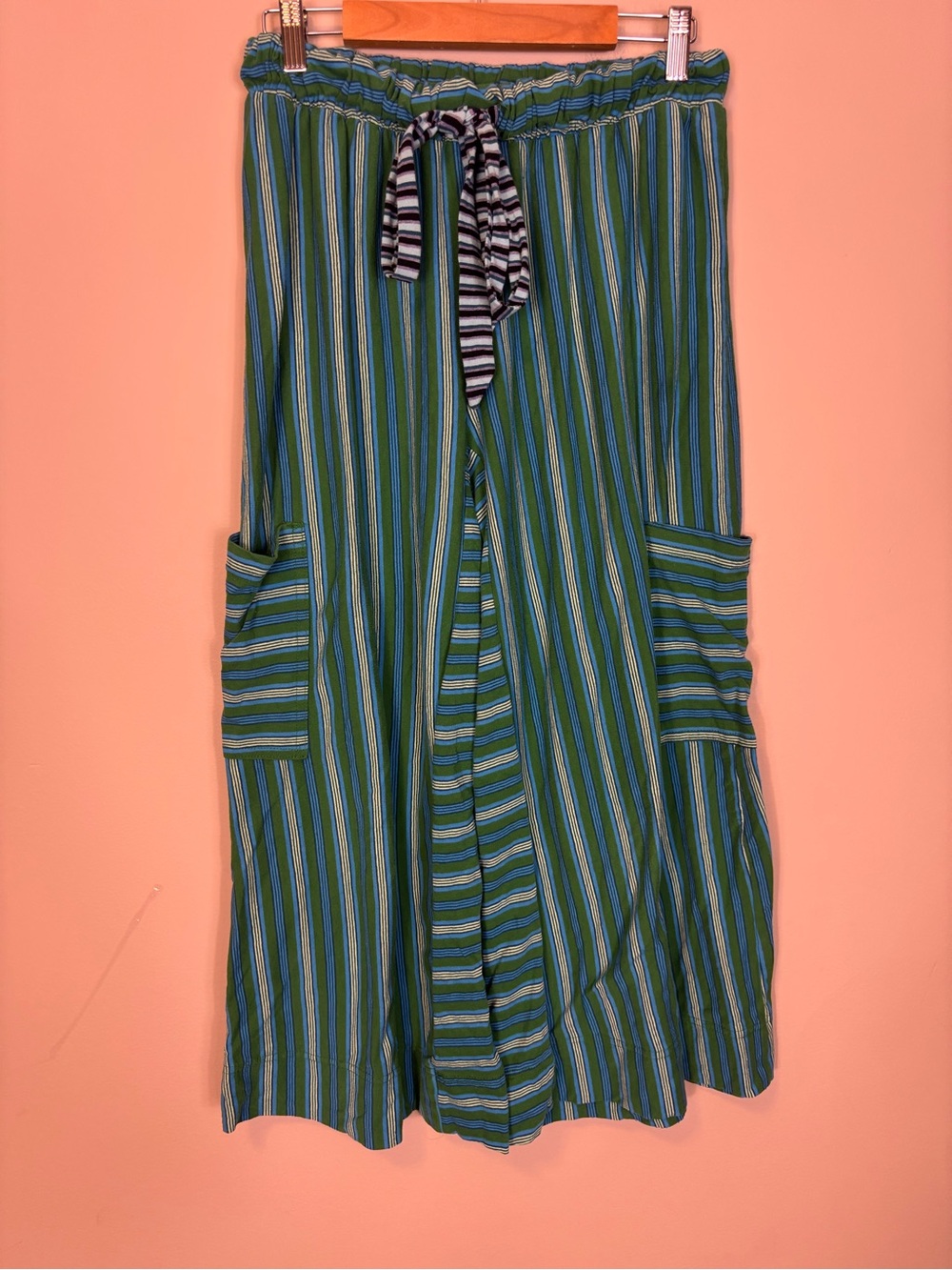 Free People Beach Green and Blue Striped Wide-Leg Cargo Lounge Pants Small